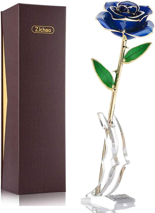 24K Dark Blue Rose for Her, Dipped Gold Rose Eternity Love Real Golden Plated Preserved Eternal Flower with Rose Stand Present for Wife/Girlfriend/Lady (Dark Blue)
