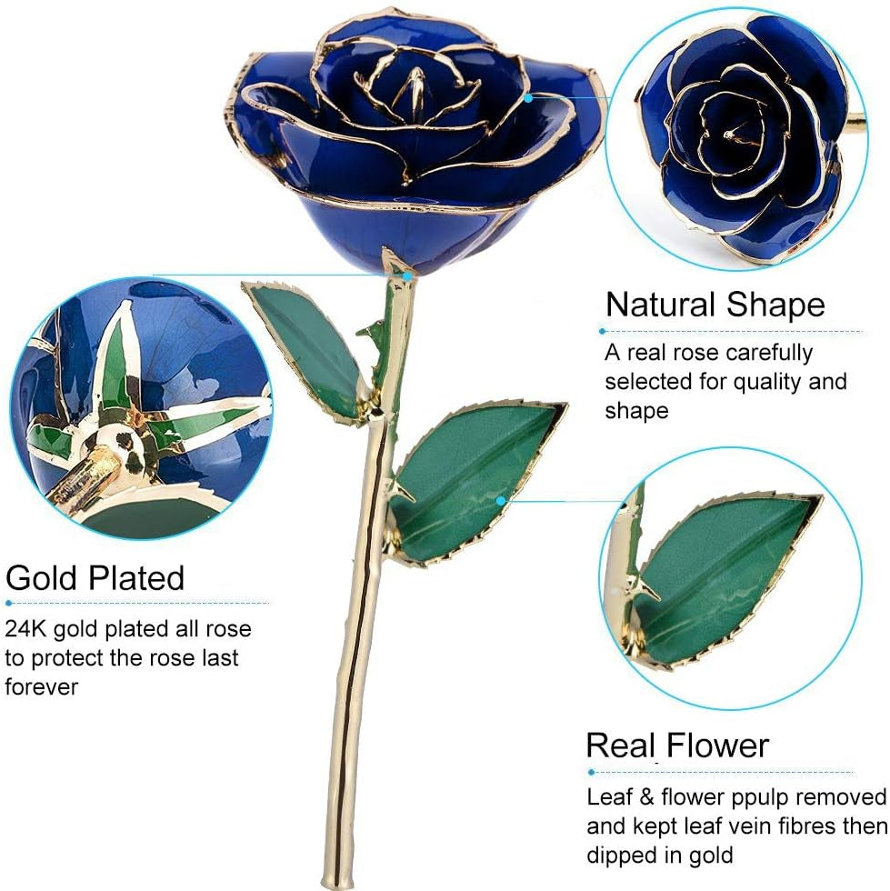 24K Dark Blue Rose for Her, Dipped Gold Rose Eternity Love Real Golden Plated Preserved Eternal Flower with Rose Stand Present for Wife/Girlfriend/Lady (Dark Blue)